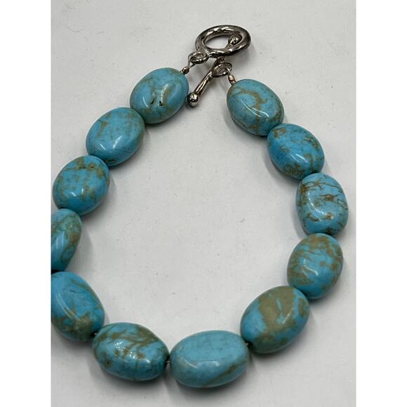 Blue Turquoise Beaded 925 Sterling Silver Toggle Closure Bracelet Sz 8.5” - Picture 6 of 8